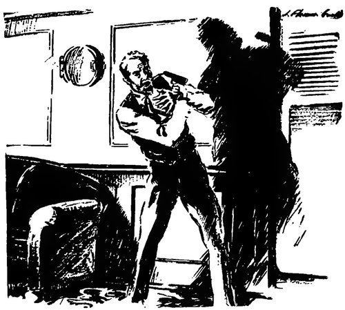Man Confronts Hulking Dark Entity in Cabin Interior, Early Sci-Fi Pen-and-Ink