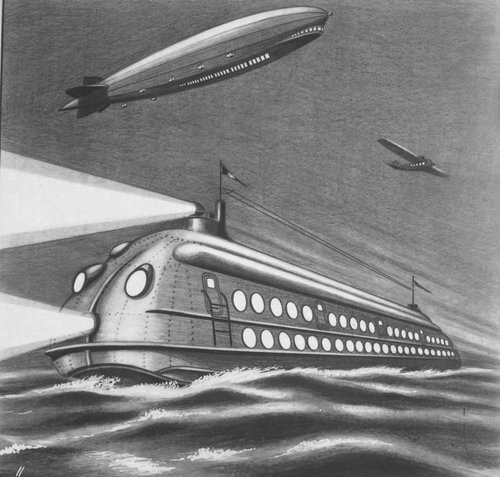 Art Deco Submarine Liner with Zeppelin and Biplane, 1930s Retro-Futurism