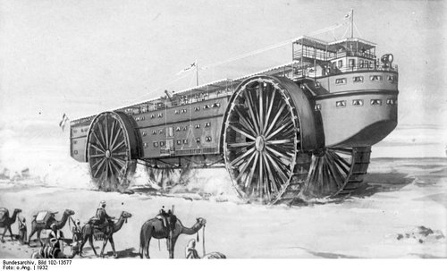 1932 German Desert Land-Ship Concept Art: Giant Wheeled Ocean Liner on Sand