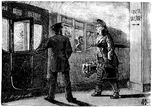 Prehistoric Man Boards Future Train — Albert Robida Victorian Sci-Fi Engraving