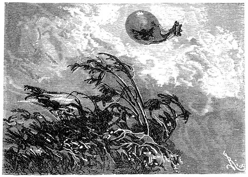Verne's Balloon Escape Over Alien Jungle — Victorian Engraving c.1870s