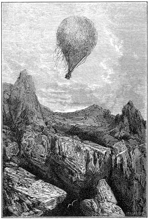 Jules Verne Balloon Voyage Over Rocky Peaks — 19th Century Engraving