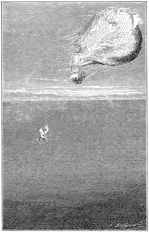Balloon Catastrophe Over the Sea — Jules Verne Era Engraving, c.1880s