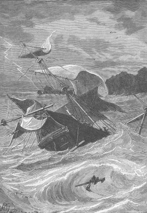 Robida's Flying Ship Wrecked in Storm — Victorian Retro-Futurist Engraving