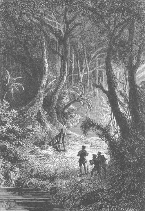 Jules Verne's Lost World: Explorers in Primeval Forest, Victorian Engraving
