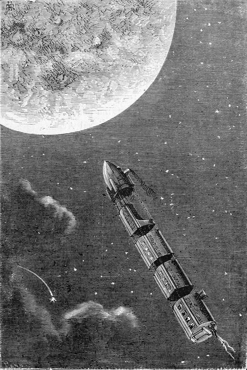 Jules Verne's Columbiad Projectile Approaching the Moon — 1870s Engraving