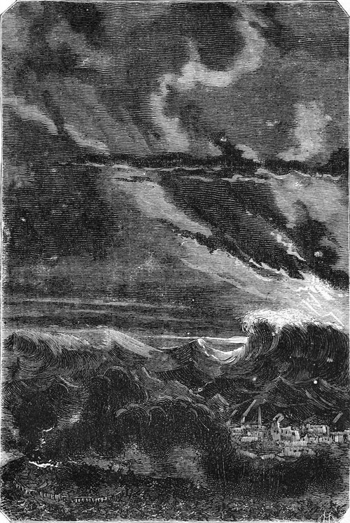 Colossal Tsunami Engulfs Coastal Town — Jules Verne Victorian Engraving