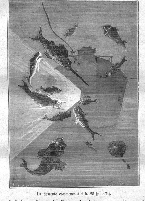 Jules Verne's Nautilus Searchlight Illuminates Deep-Sea Creatures, 1870s
