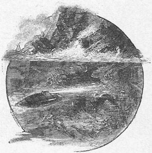 Jules Verne's Nautilus Submarine Split-View Cross-Section, 1870s Engraving