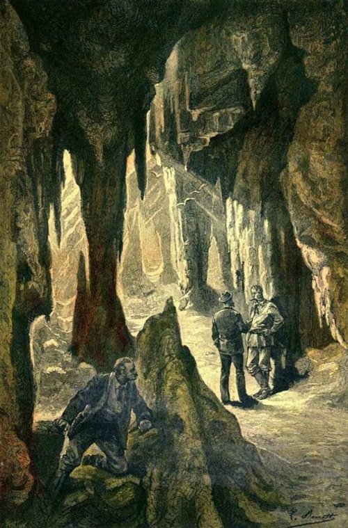 Explorers in Subterranean Crystal Cavern — Jules Verne Journey to Center of Earth