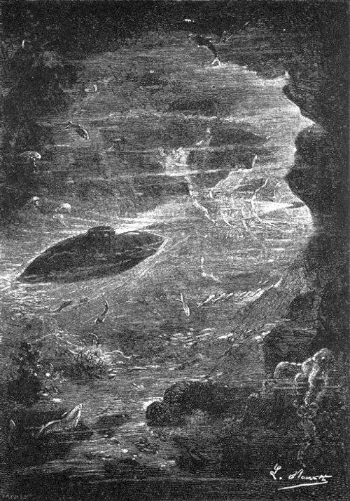 Nautilus Submarine in Luminous Undersea Maelstrom — Jules Verne 1870s