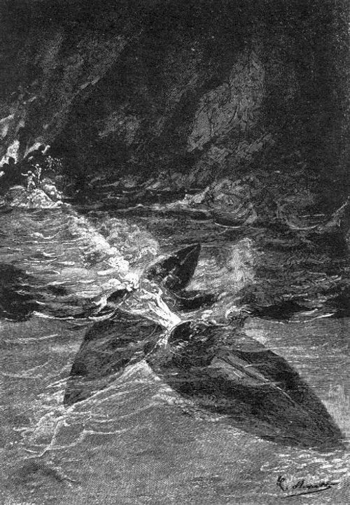 Jules Verne's Nautilus Attacks Ship — 20,000 Leagues Engraving 1870s