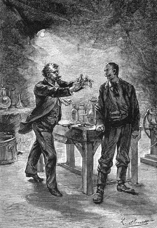 Victorian Mad Scientist Displays Vial to Assistant in Secret Laboratory