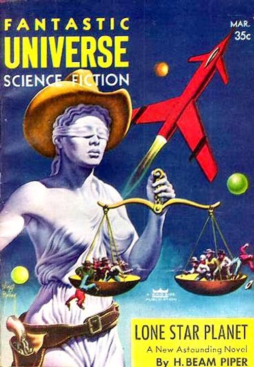 Blindfolded Justice Weighs Alien Fates, Fantastic Universe March 1957