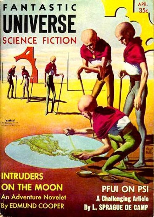 Bald Alien Giants Study Earth Globe — Fantastic Universe April 1958