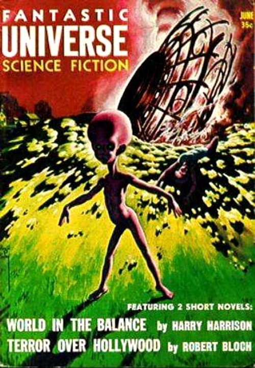 Alien Invader Stalks Fleeing Human, Fantastic Universe June 1958