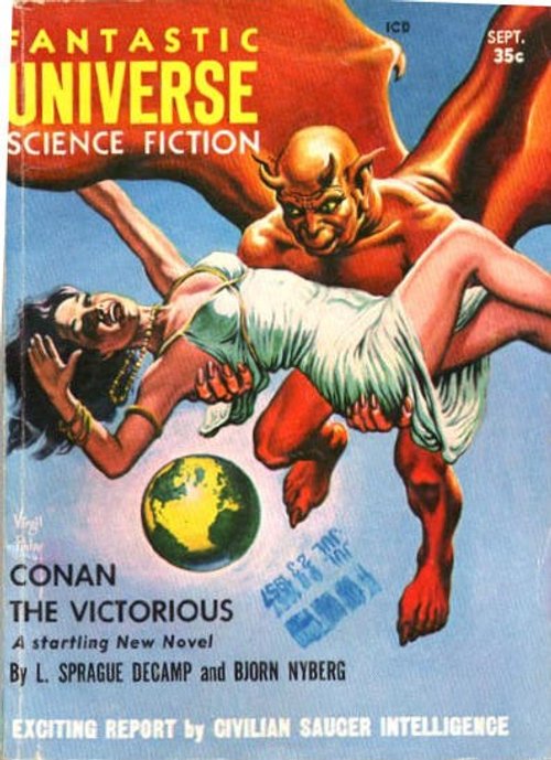Virgil Finlay's Demon Abducts Woman Over Earth, Fantastic Universe Sept 1957