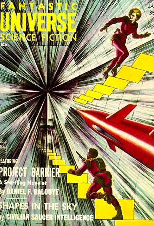 Fantastic Universe Jan 1958 — Project Barrier Spacemen in Dimensional Tunnel