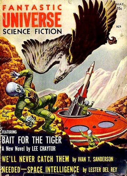 Virgil Finlay's Giant Eagle Attacks Aliens, Fantastic Universe May 1958