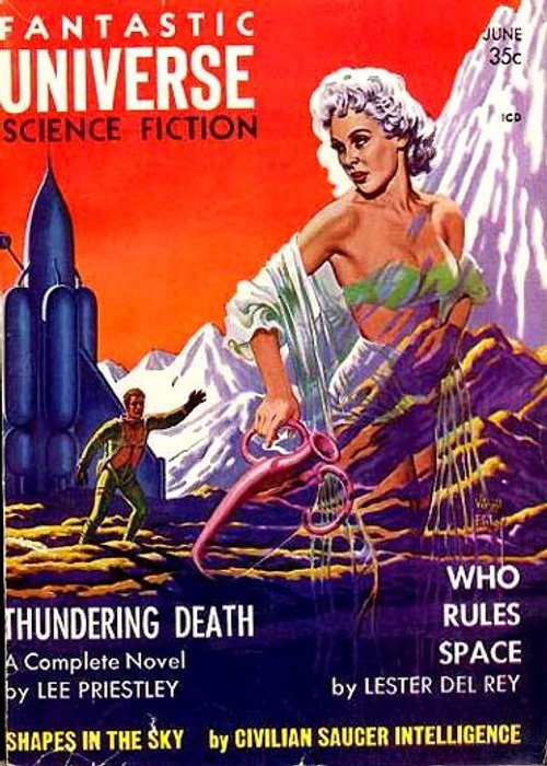 Giant Woman Wields Alien Tech – Fantastic Universe Science Fiction, June 1950s