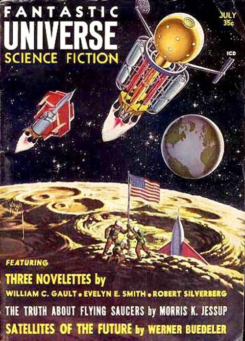 Fantastic Universe July 1957: Moon Landing & Satellite Cover by Virgil Finlay