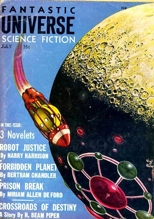 Virgil Finlay's Atomic Spacecraft & Moon, Fantastic Universe July 1956