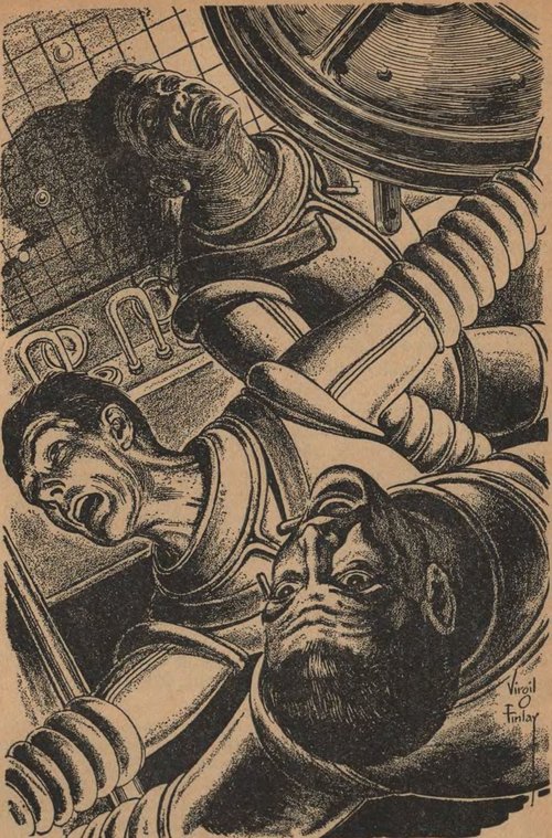 Virgil Finlay Pen-and-Ink: Spacesuited Figures Overpowered by Robot Machinery