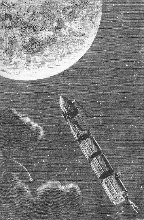 Jules Verne Moon Voyage: Victorian Engraving of Spacecraft Near Lunar Surface