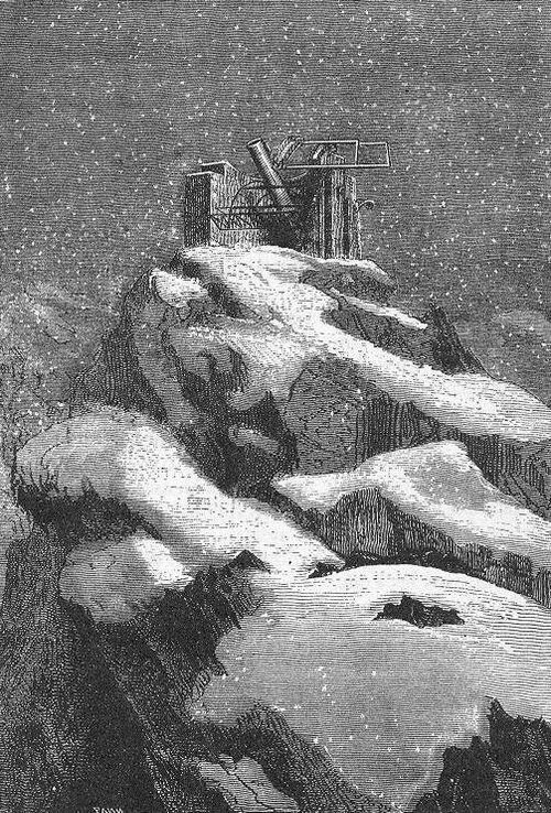 Mountaintop Telescope Observatory in Blizzard — Jules Verne Victorian Engraving