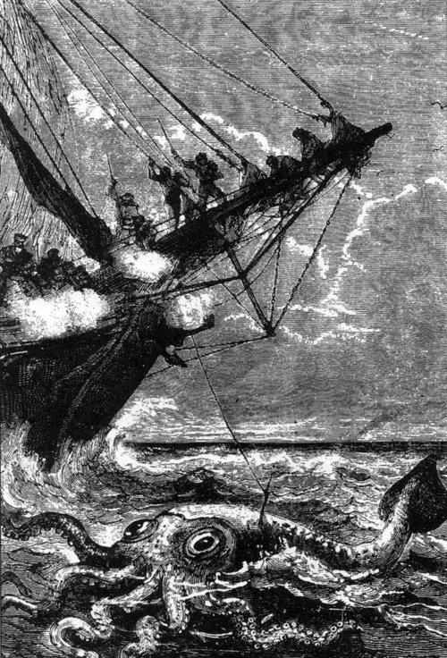Giant Squid Attacks Sailing Vessel — Verne's 20,000 Leagues Engraving c.1870