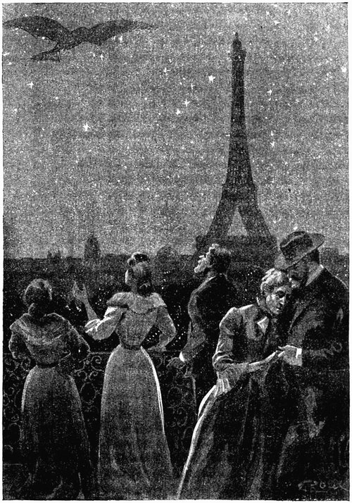 Pterodactyl Over Paris: Victorian Crowd Watches Flying Beast Near Eiffel Tower