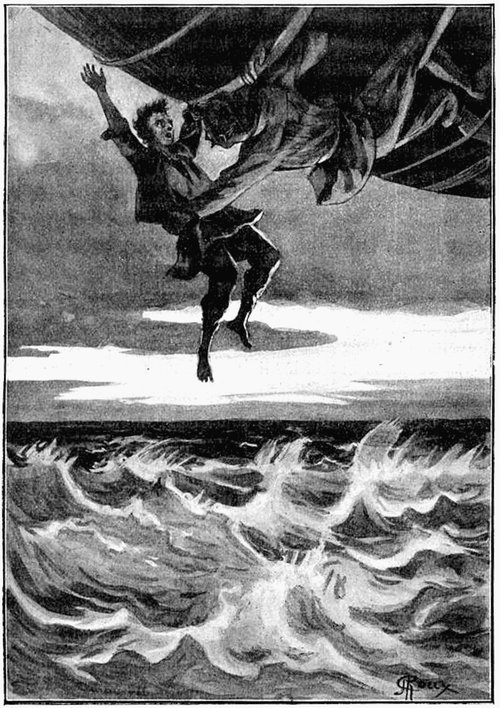Gaston Roux: Man Dangling from Airship Over Stormy Seas, Jules Verne Era