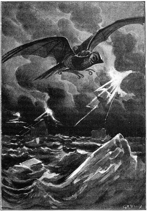 Robida's Bat-Wing War Machine Fires Electric Bolts Over Stormy Seas