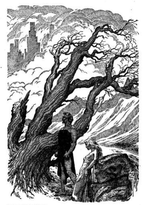 Virgil Finlay Pen-and-Ink: Figures Beneath Gnarled Tree, Distant Skyline