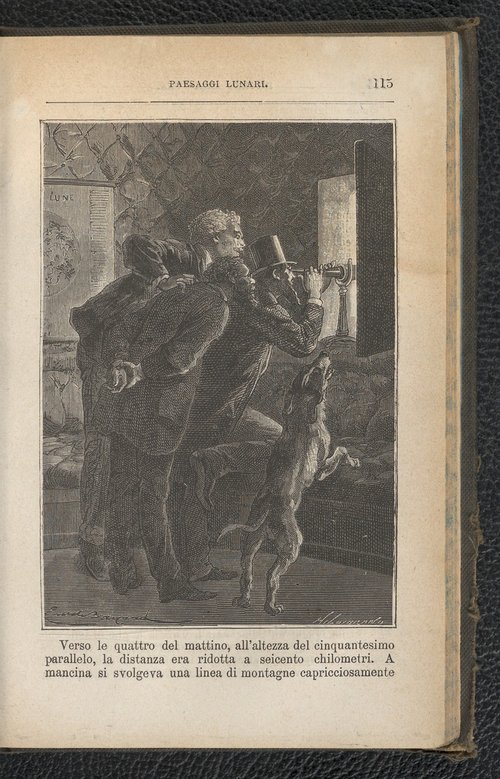 Jules Verne's Around the Moon — Men at Telescope, Italian Edition c.1870s