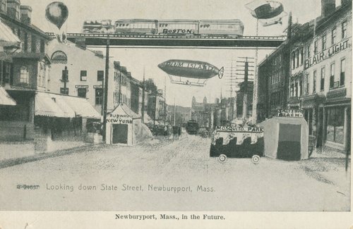 Newburyport in the Future: Dirigibles & Elevated Rail, c.1905 Novelty Postcard