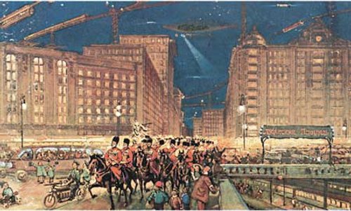 Albert Robida's Futurist Paris Night: Cavalry Parade in Electric City
