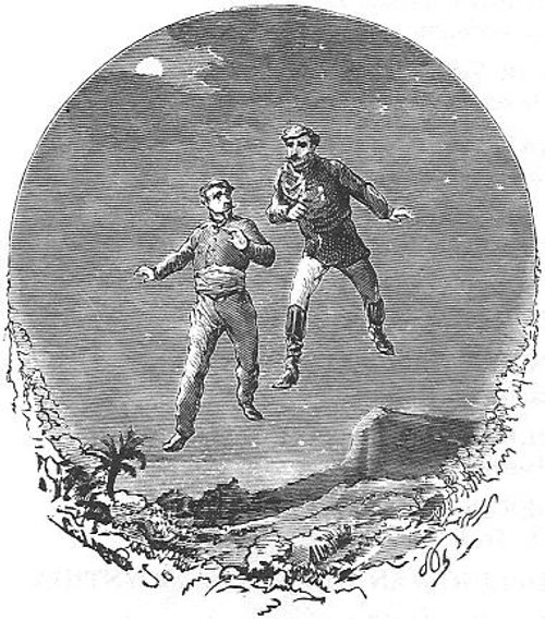 Jules Verne's Weightless Men Leap Over Lunar Landscape, 1870s