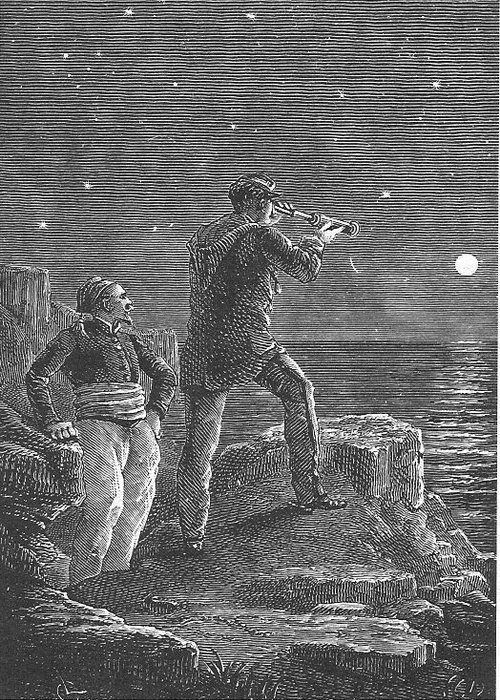 Jules Verne's Mysterious Island: Observers Scanning Moon Over Rocky Coast
