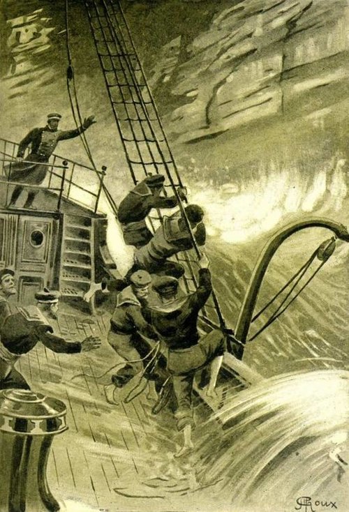 Jules Verne Giant Squid Attack — Roux Illustration, Nautilus Crew 1890s