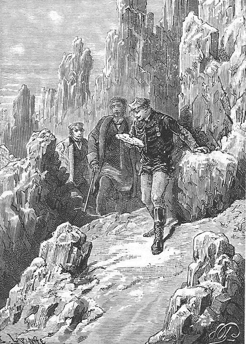 Léon Benett Engraving: Explorers in Alien Rocky Terrain, Jules Verne 1880s