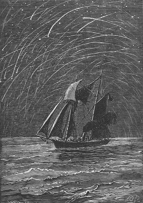 Leonid Meteor Storm Over Sailing Vessel — Victorian Wood Engraving, c.1870s