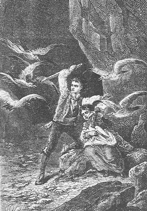 Jules Verne's Mysterious Island: Hero Battles Giant Birds, 1870s Engraving