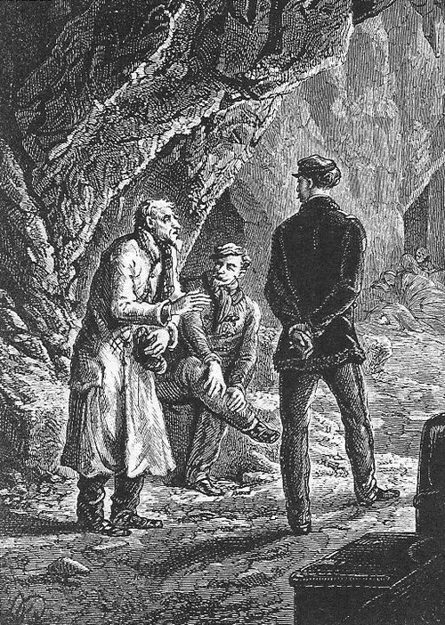 Underground Cave Encounter — Jules Verne Victorian Engraving, c.1860s-1880s