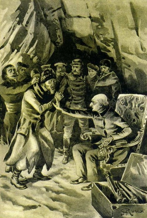 G. Roux Illustration: Confrontation in Arctic Cave, Jules Verne Adventure