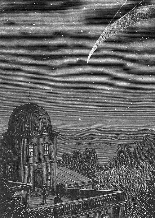 Comet Over Observatory — Victorian Astronomical Engraving, c.1880s