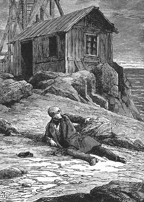Jules Verne's Mysterious Island: Injured Castaway on Rocky Shore, 1870s Engraving