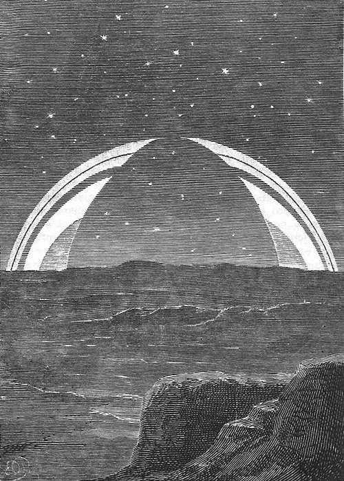 Saturn's Rings Rising Over Alien Landscape — Édouard Riou Victorian Engraving c.1870s