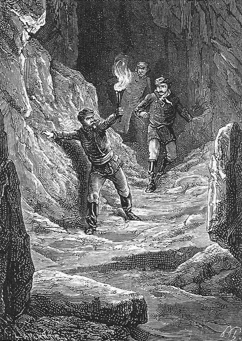 Jules Verne's Journey to Center of Earth – Cave Explorers with Torch, 1864