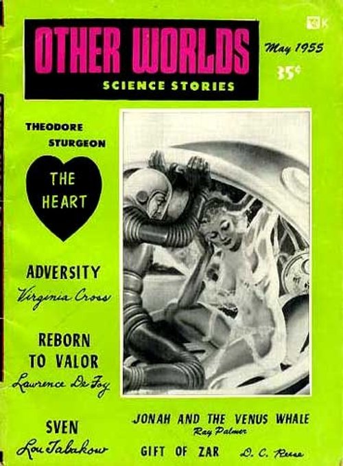 Spaceman Rescues Woman from Alien Creature, Other Worlds Science Stories May 1955